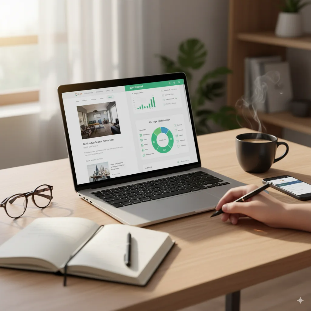 SEO optimization tools and metrics on computer screen