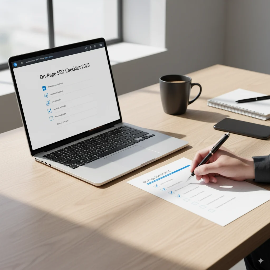 On-page SEO checklist on a laptop screen