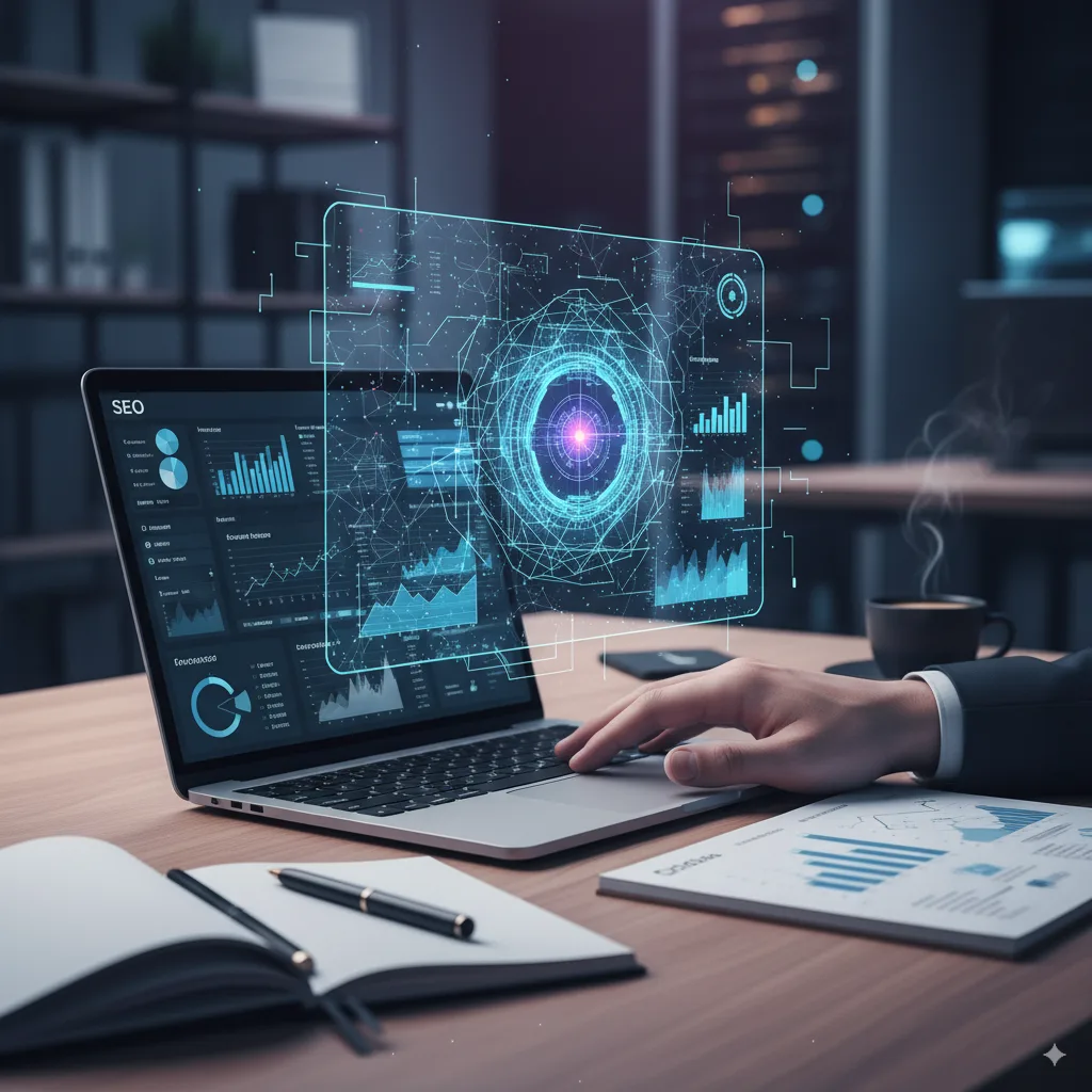 Robot hand interacting with SEO data, representing AI in SEO